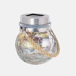 Feit Solar Fixtures 3.7 in. Solar Power Glass Round Coach Lantern Clear Crackle Jar w/Fairy Lights