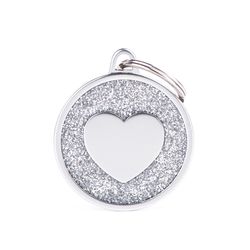 MyFamily Shine Silver White Glitter Heart Metal Cat/Dog Pet Tags Medium