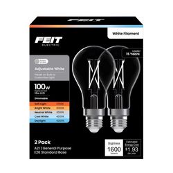 Feit A21 E26 (Medium) Filament LED Bulb Adjustable White 100 Watt Equivalence 2 pk