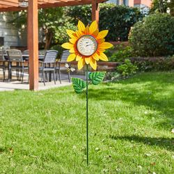Glitzhome Green/Yellow Metal 44 in. H X 12.25 in. L X 2 in. W Sunflower with Thermometer Yard Stake