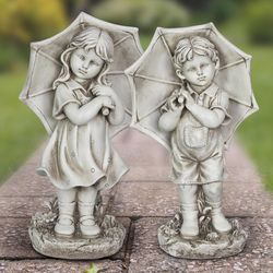 Exhart Resin Stone 18.7 in. Boy and Girl with Umbrella Statue