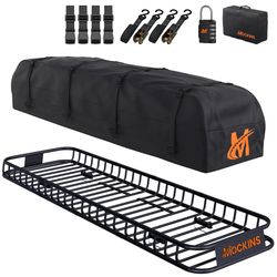 Mockins 85x24x4 Narrow Roof Basket with 20 CuFt Roof Bag Rooftop Cargo Carrier Set 1 pk