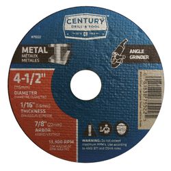 Century Drill & Tool 4-1/2 in. D X 7/8 in. X 1/16 in. thick Aluminum Oxide Metal Cutting Wheel 1 pc