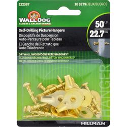HILLMAN Wall Dog Brass-Plated Gold Self-Drilling Picture Hanger 50 lb 2 pk