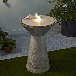 Glitzhome Ceramic Sand Beige 27.5 in. H Two Birds Embossed Fern Fronds Pattern Pedestal Birdbath Out