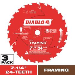 Diablo Tracking Point 7-1/4 in. D X 5/8 in. TiCo Hi-Density Carbide Framing Saw Blade 24 teeth 3 pk