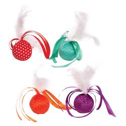 Pet Park Blvd For Cat Assorted Ribbon Ball w/ Feathers 2 pk