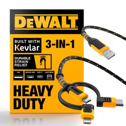 DeWalt Lightning, Type C and Micro USB 3-in-1 Cable 6 ft. Black/Yellow