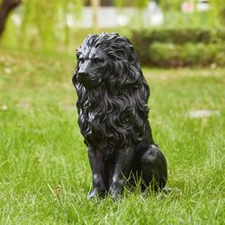 Glitzhome Fiberglass/MGO Black 20.75 in. Sitting Lion Garden Statue