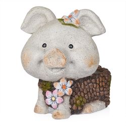 Alpine 13 in. H Magnesia Smiling Pig Planter Gray