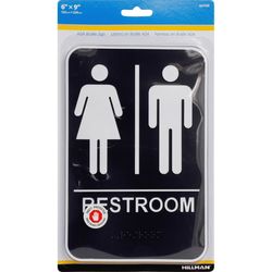 HILLMAN English Black Restroom Plaque 9 in. H X 6 in. W