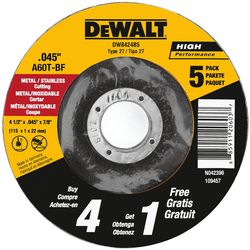 DeWalt 4-1/2 in. D X 7/8 in. X .045 in. thick Aluminum Oxide Cut-Off Wheel 5 pc