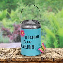 Exhart WindyWings Blue Metal 12 in. H X 5 in. L X 5 in. W Pail - Welcome to Our Garden Lantern
