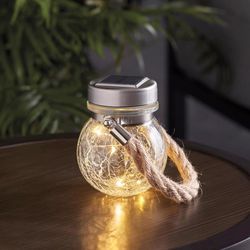 Feit Solar Fixtures 3.7 in. Solar Power Glass Round Coach Lantern Clear Crackle Jar w/Fairy Lights