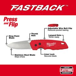 Milwaukee Fastback 7.5 in. Press and Flip Folding Pocket Knife Red 1 pc