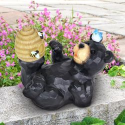 Exhart WindyWings Resin Black/Yellow 7.5 in. Bear Playing with an Illuminating Bee Hive Statue