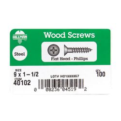 HILLMAN No. 9 Ga. X 1-1/2 in. L Phillips Zinc-Plated Coarse Wood Screws 100 pk