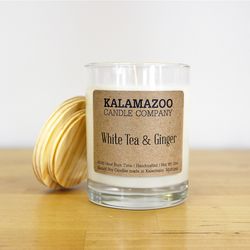 Kalamazoo Candle Company Clear glass jar with white soy wax, wood lid White Tea & Ginger Scent White
