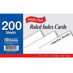 Bazic Products 3 in. H X 5 in. W Ruled Index Cards White 200 pk