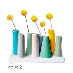 Chive Pooley 5 in. H X 7 in. L Glazed Aqua 2 Ceramic Modern Bud 8-Tube Vase