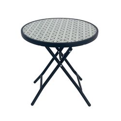 Living Accents Patterned Top Black Round Glass Folding Side Table
