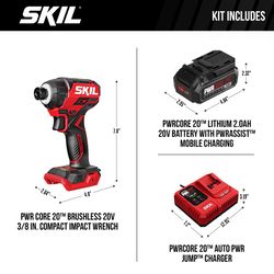 SKIL 20V PWRCORE 3/8 in. Cordless Brushless Compact Impact Wrench Kit (Battery & Charger)