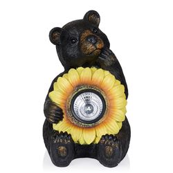 Alpine Fiberglass/MGO Black/Yellow 17.52 in. Bear Statue with LED Sunflower Statuary