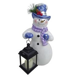 Alpine Winter Snowman Holding Lantern Statue 14 in. Yard Decor