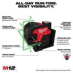 Milwaukee M12 2 beam Self Leveling Green Plumb Points and Cross-Line Laser Kit 125 ft. 1 pc