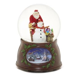 Roman Glitter Dome Multicolored Santa Building a Snowman Musical Table Decor 5.5 in.