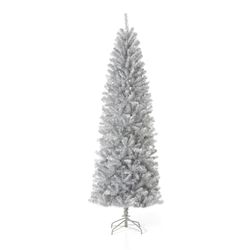 Glitzhome 7-1/2 ft. Pencil Silver Tinsel Fir Christmas Tree
