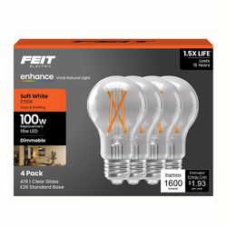 Feit A19 E26 (Medium) Filament LED Bulb Soft White 100 Watt Equivalence 4 pk