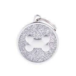 MyFamily Shine Silver White Glitter Bone Metal Cat/Dog Pet Tags Medium