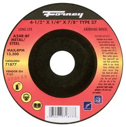 Forney 4-1/2 in. D X 7/8 in. in. X 1/4 in. thick Metal Grinding Wheel 1 pc