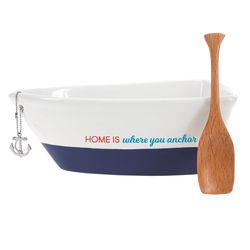 Pavilion We People Blue/White Bamboo/Stoneware Boat Serving Dish with Oar 1