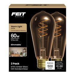 Feit ST19 E26 (Medium) Filament LED Bulb Amber 60 Watt Equivalence 2 pk