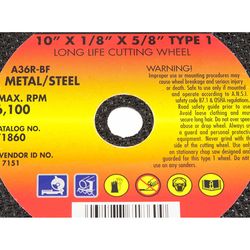 Forney 10 in. D X 5/8 in. X 1/8 in. thick Aluminum Oxide Metal Cutting Wheel 1 pc