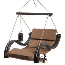 SoCo Swings Low Country 1 Person Black Wicker Hanging Swing Lounger Brown