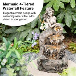 Glitzhome Polyresin/Stone Gray 22.25 in. H Concrete Mermaid Outdoor Fountain