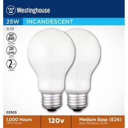 Westinghouse 25 W A19 A-Line Incandescent Bulb E26 (Medium) Soft White 2 pk
