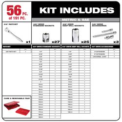 Milwaukee 1/4 in. drive Metric/SAE 6 Point Standard Mechanic's Tool Set 191 pc