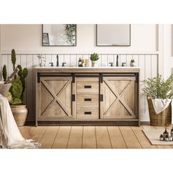 Home Living Double Natural Oak Vanity and Top 60 in. W X 22 in. D X 34 in. H