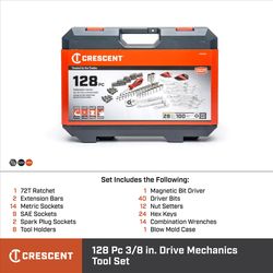 Crescent 3/8 in. drive Metric/SAE 6 and 12 Point Mechanic's Tool Set 128 pc