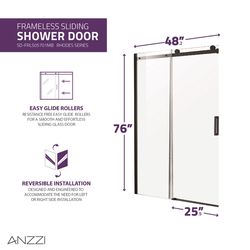 Anzzi Rhodes Series 76 in. H X 48 in. W Matte Black Frameless Shower Door