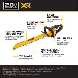 DeWalt XR DCHT826B 24 in. 20 V Battery Hedge Trimmer Tool Only