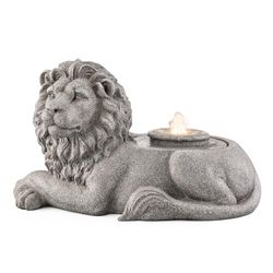 Glitzhome Polyresin/Stone Gray 20 in. H Zen-Style Lying Lion Outdoor Fountain