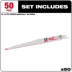 Milwaukee Sawzall 9 in. High Speed Steel Reciprocating Saw Blade 5 TPI 50 pk
