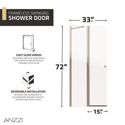 Anzzi Romance Series 72 in. H X 33.5 in. W Chrome Silver Frameless Shower Door