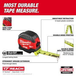 Milwaukee Stud 35 in. L X 2.48 in. W Compact Wide Blade Tape Measure 1 pk