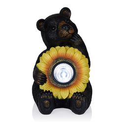 Alpine Fiberglass/MGO Black/Yellow 10.35 in. Bear Statue with LED Sunflower Statuary